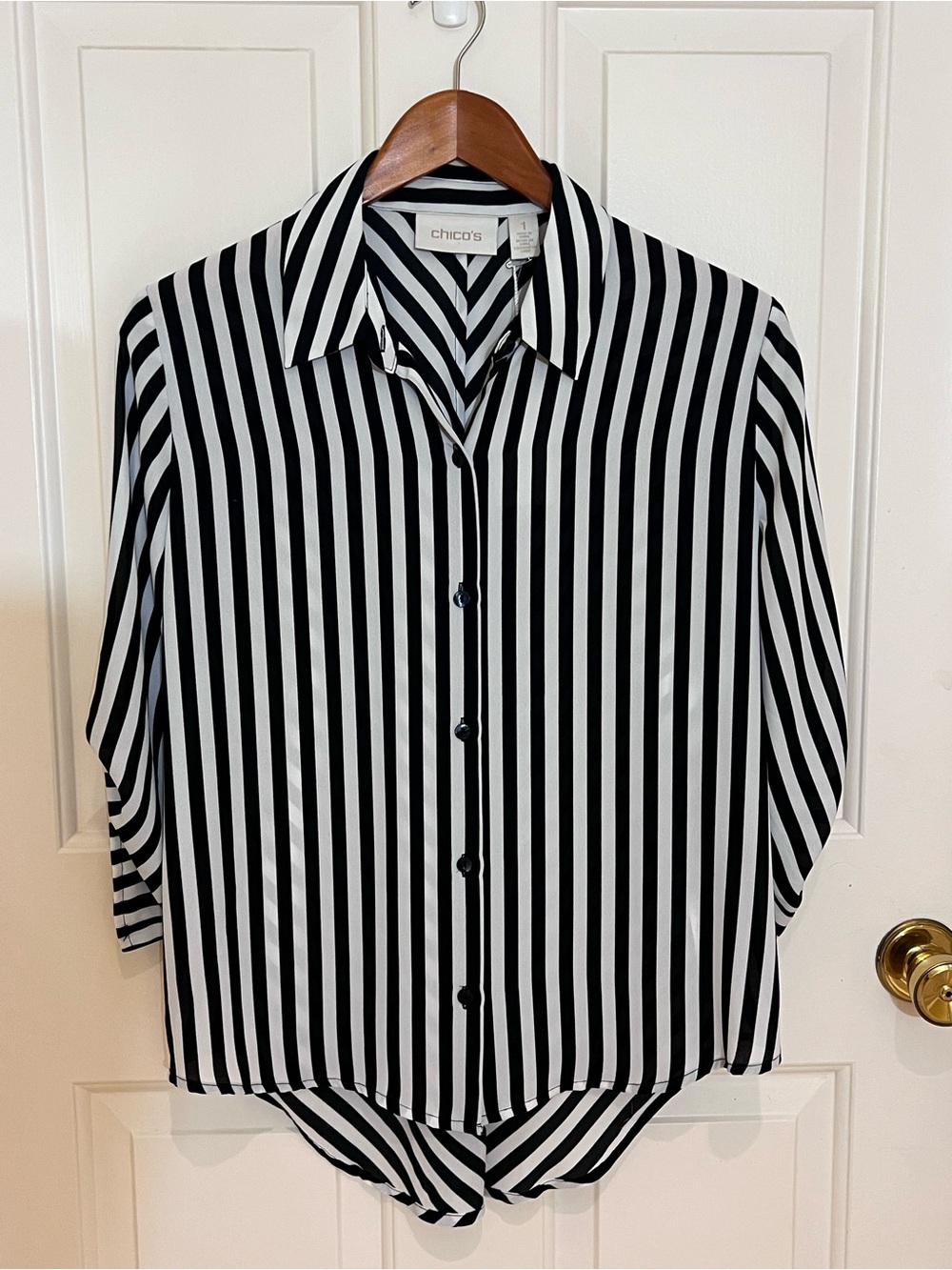NWT Chico's Black and White Vertical Stripe Button-Down Shirt